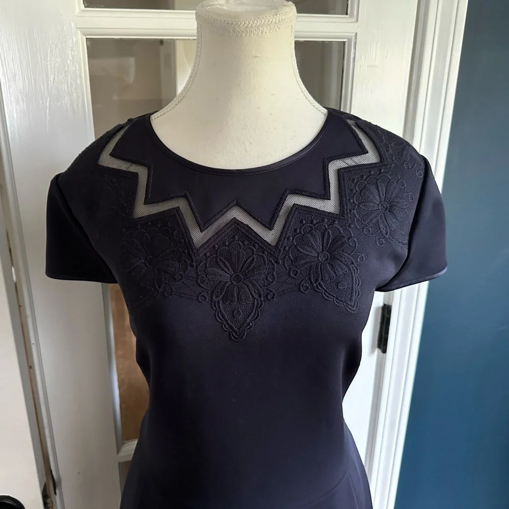 Ted Baker London Navy Cheskka Lace & Mesh Skater Dress | Ted Size 4 / US 10 - Picture 3 of 16